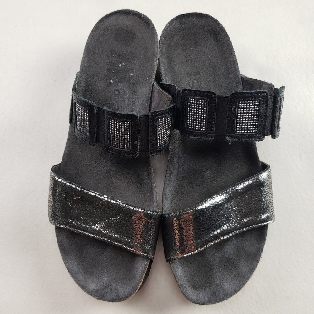 Naot Emma Slide Wedge Sandal Womens 7 EU 38 Black Silver Leather Slip On Strappy - Picture 10 of 11